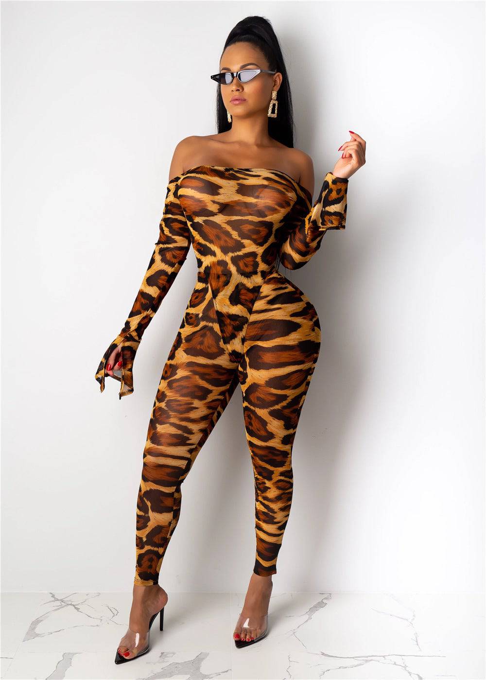 Stretch Leopard Print Jumpsuit Two Piece Pants - Clothing Personality
