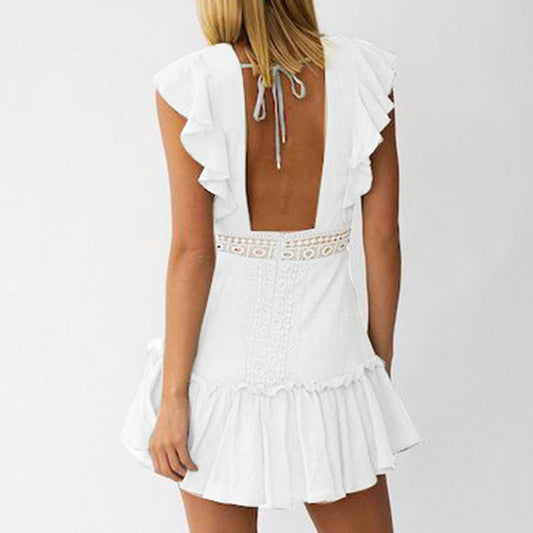 Women's Cap Sleeve Plunging V-neck Sexy Backless Mini Babydoll Dress Lace White High Waist Dress