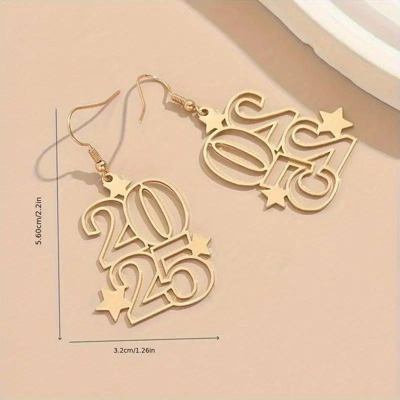 New Women's Golden New Year 2025 Date Number 2025 Dangle Earrings For Women Fashion Jewelry New Year Earring For Party - Clothing Personality
