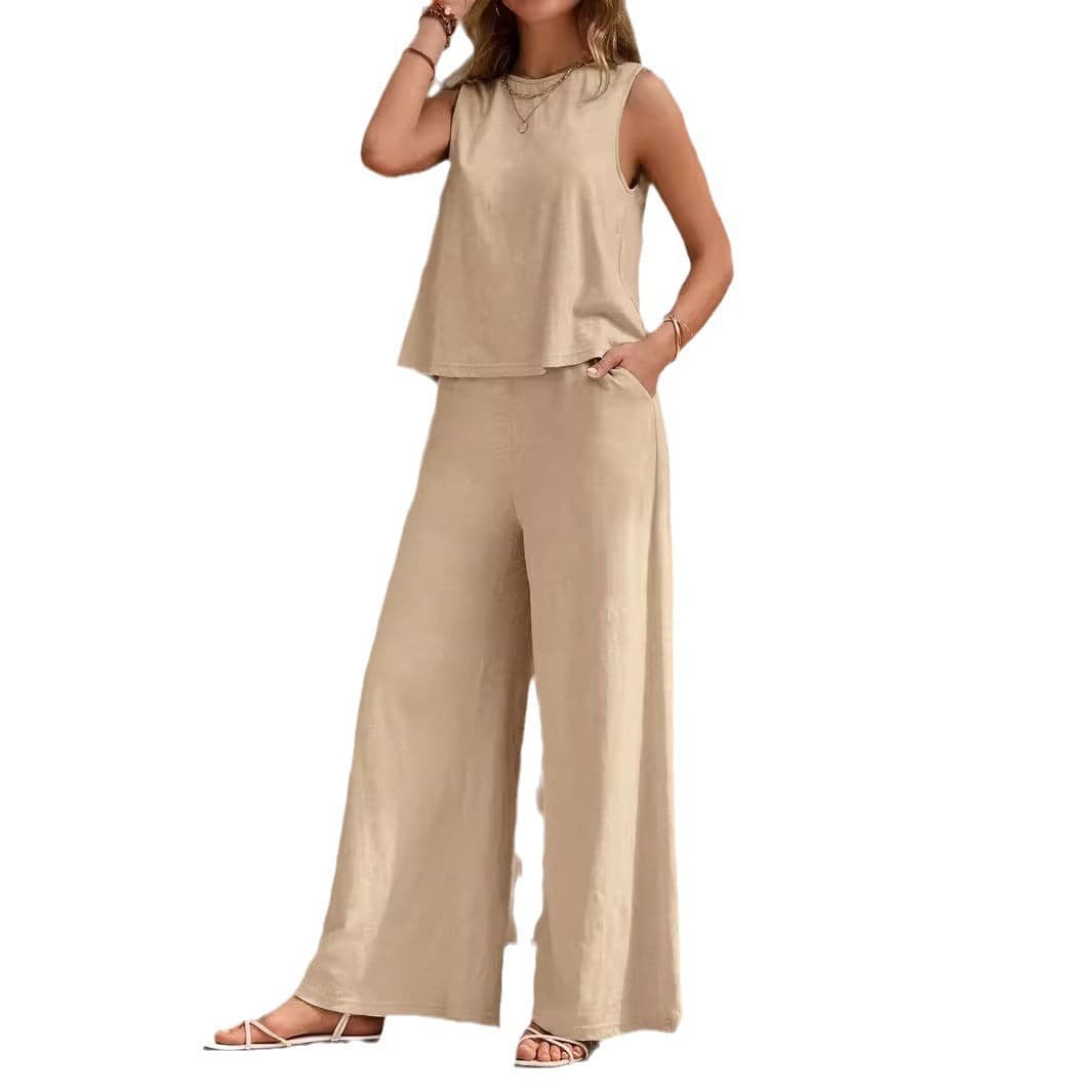 Sleeveless Solid Color Casual Loose Fit Pants Sets For Women Elegant Spring Summer Women's Two Pieces Suit Full Trouser Set Female Outfit Clothes - Clothing Personality