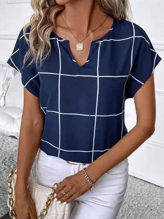Plaid Print Notched Neck Blouse, Casual Short Sleeve Blouse For Spring & Summer, Women's Clothing - Clothing Personality