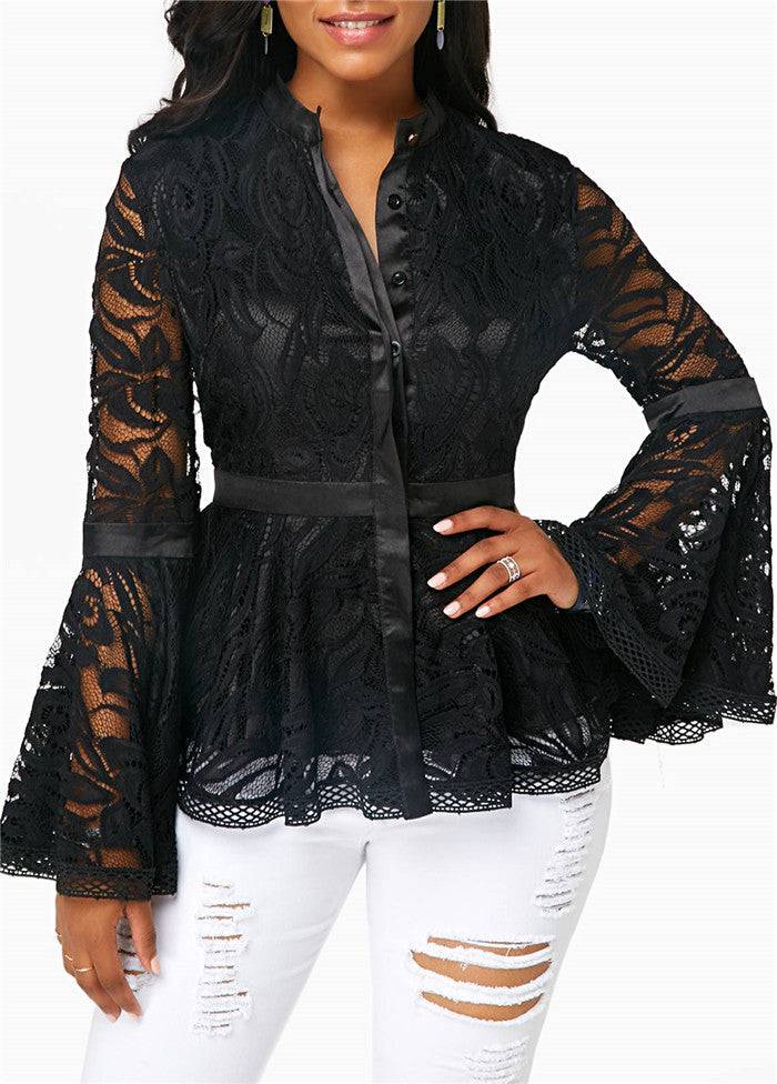 Women's Lace Blouse Long Sleeve Tops Casual Lady Clothes - Clothing Personality