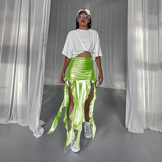 European And American Ribbon Tassel Reflective PU Fishtail Skirt Micro Elastic Irregular - Clothing Personality