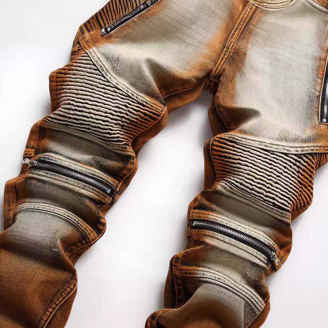 Motorcycle Pants Stretch Zipper Decorations Dyed Personalized Fashion Skinny Jeans - Clothing Personality