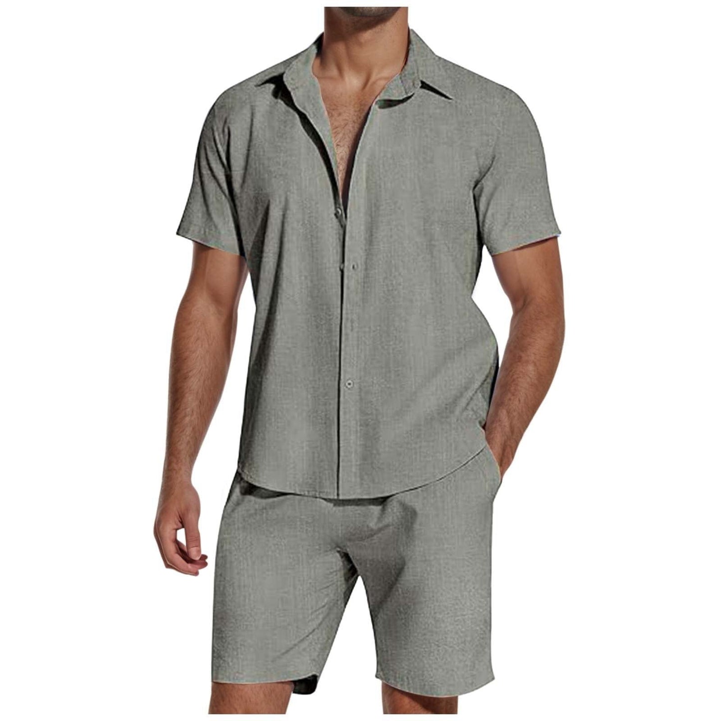 Short Sleeve Lapel Linen Shirt and Shorts Set Men - Clothing Personality