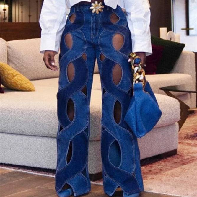 Women Streetwear Cutout Hollow Out Criss Cross Straight Flare Denim Pants - Clothing Personality