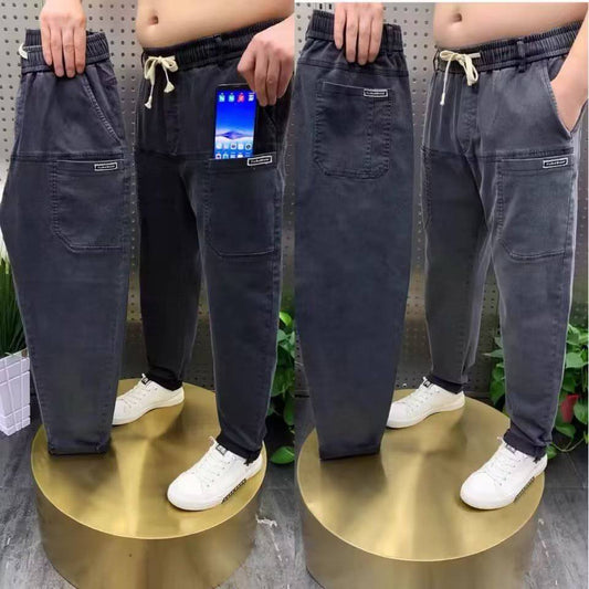 Men's Big and Tall Plus Size Loose Straight Casual Pants Solid Color Denim Trousers - Clothing Personality