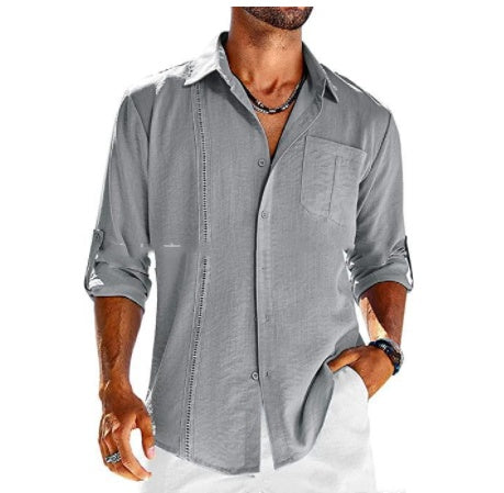 Casual Long Sleeve Shirt With Pocket Lace Polo Collar Solid Color Button Mens Clothing - Clothing Personality