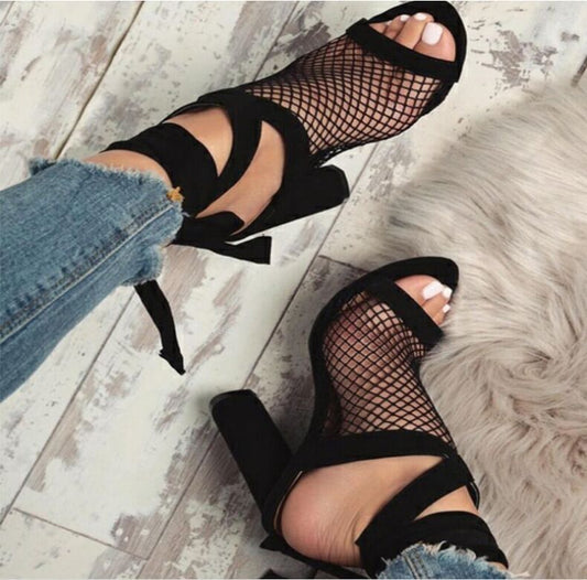 Women Sandals Bandage Flock Cross Strap Lace Up High Heels Sandal - Clothing Personality