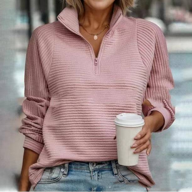 Zipper Stand Collar Pullover Sweatshirt Fashion Solid Striped Long Sleeve Top Spring And Autumn Women's Clothing - Clothing Personality