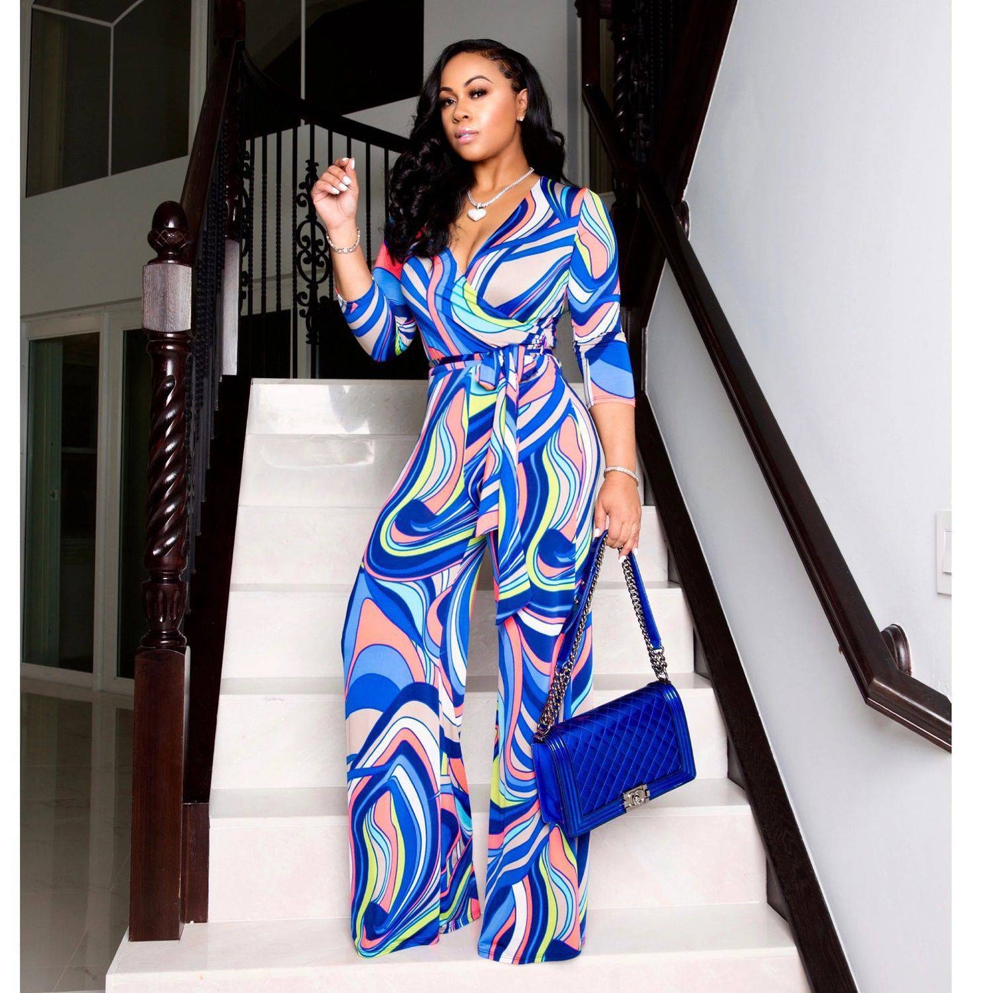 Women's V-Neck Long Sleeve Print Jumpsuit - Clothing Personality