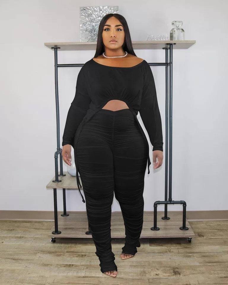 Women's Plus Size Round Neck Pleated Drawstring Long Sleeve Trousers Suit - Clothing Personality