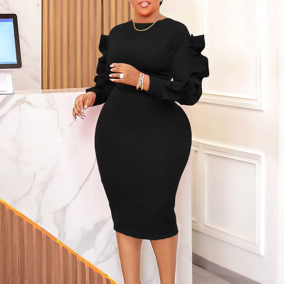 Women's Cut Out Hollow Sleeve Ol Elegant Dress Plus Size Long Sleeve Dress - Clothing Personality