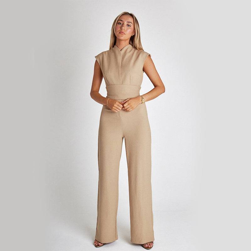Fashion Elegant Long Sleeveless Jumpsuit Summer V-neck Casual Wide Leg Long Overalls Clothing For Women - Clothing Personality