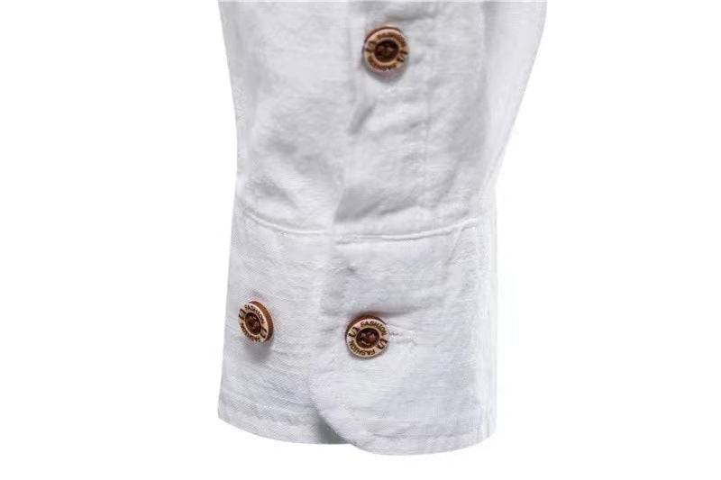 Men's Cotton And Linen Casual Fashion Solid Color Long Sleeve Henley Shirt - Clothing Personality