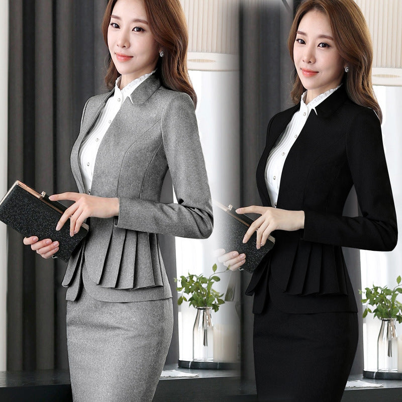 Women's Classy V-neck Collarless Office Two-piece Knee Length Business Suit Long Sleeve Skirt Set