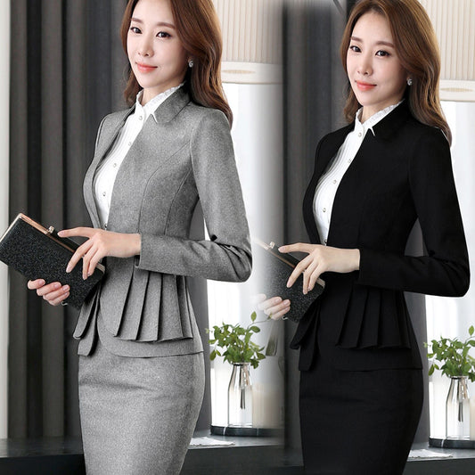 Women's Classy V-neck Collarless Office Two-piece Knee Length Business Suit Long Sleeve Skirt Set - Clothing Personality
