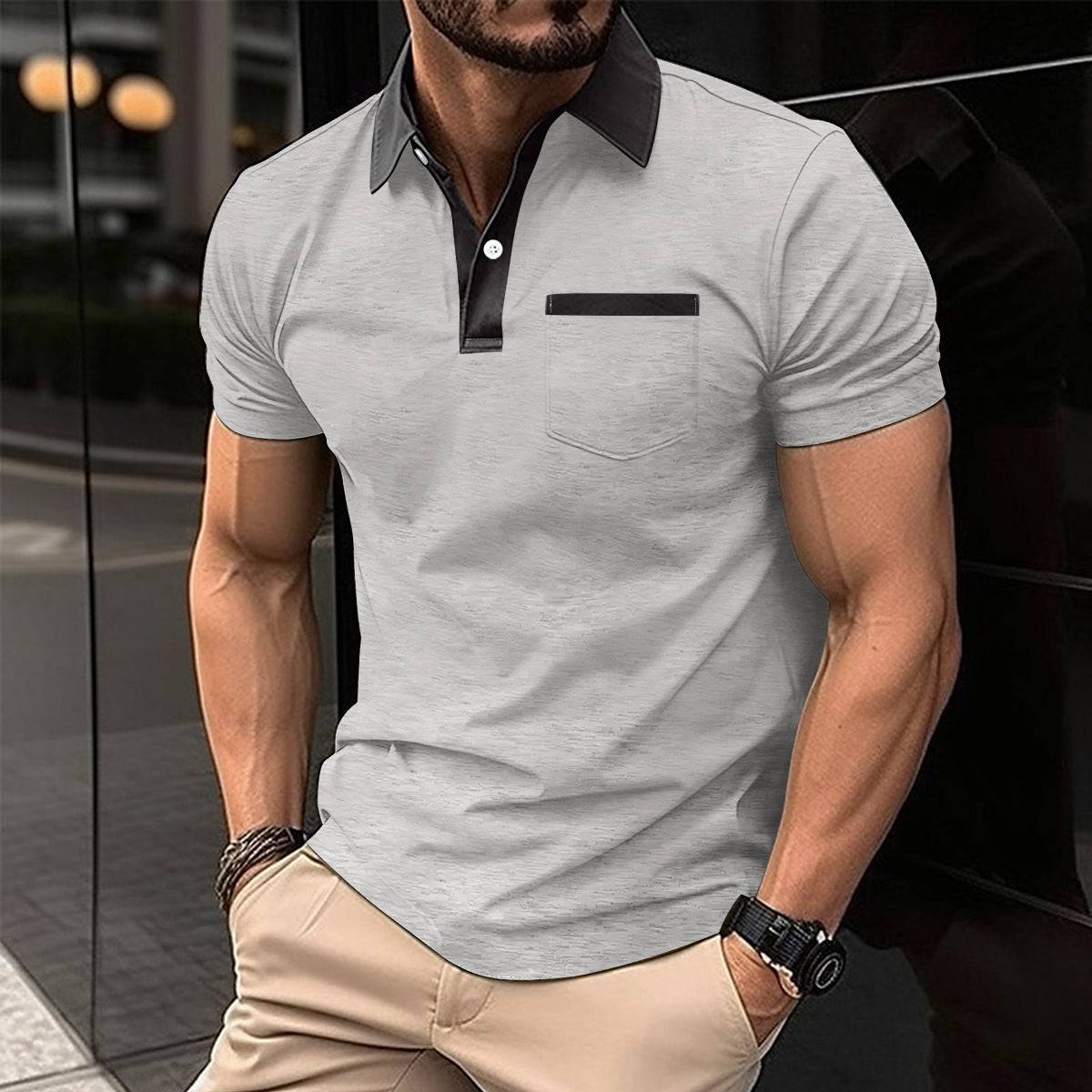 Men's Lapel Fashion Slim Pocket Short-sleeved T-shirt Polo Shirt - Clothing Personality