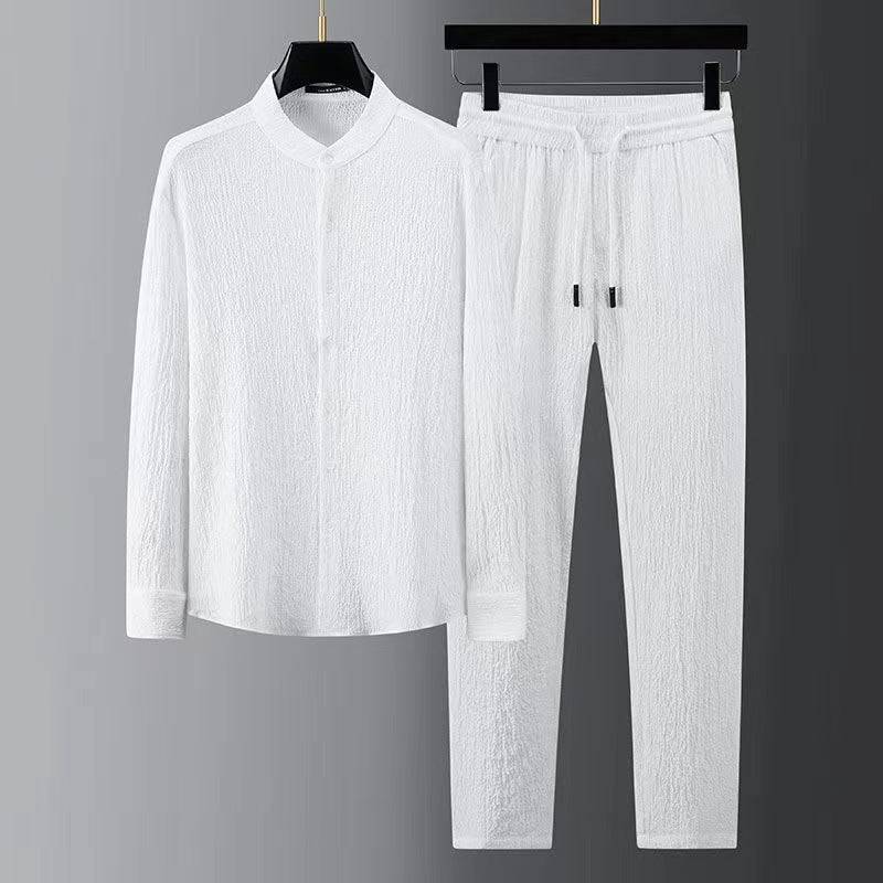 Casual Light Thin Suit Men's Summer Striped Pleated Stand Collar Men's Shirt Geometric - Clothing Personality
