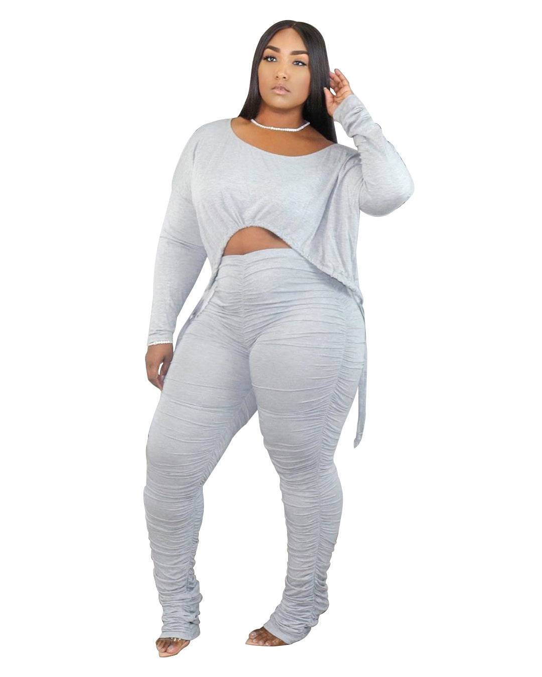 Women's Plus Size Round Neck Pleated Drawstring Long Sleeve Trousers Suit - Clothing Personality