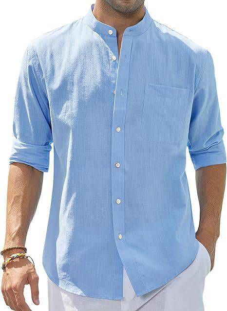 Men's Stand Collar Long Sleeve Solid Color Cotton Shirt - Clothing Personality