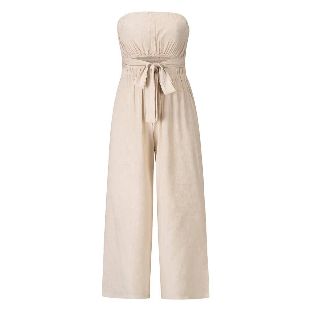 Women's New Tube Top Off-Shoulder Sleeveless Belted Cut Out Waist Loose Fit Pants Casual Fashion Jumpsuit - Clothing Personality
