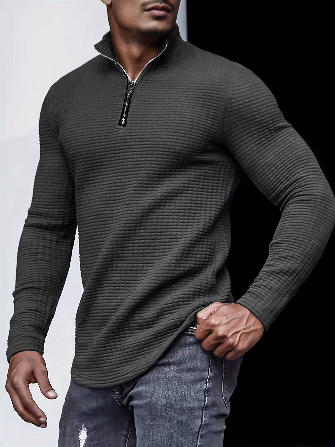 Men's Outdoor Waffle Pattern Stand Collar Half Zip Training T-shirt Waffle Sports Bottoming Shirt - Clothing Personality