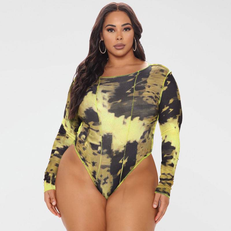 Women's Swimwear Round Neck Print Long Sleeves Plus Size Swimsuit - Clothing Personality