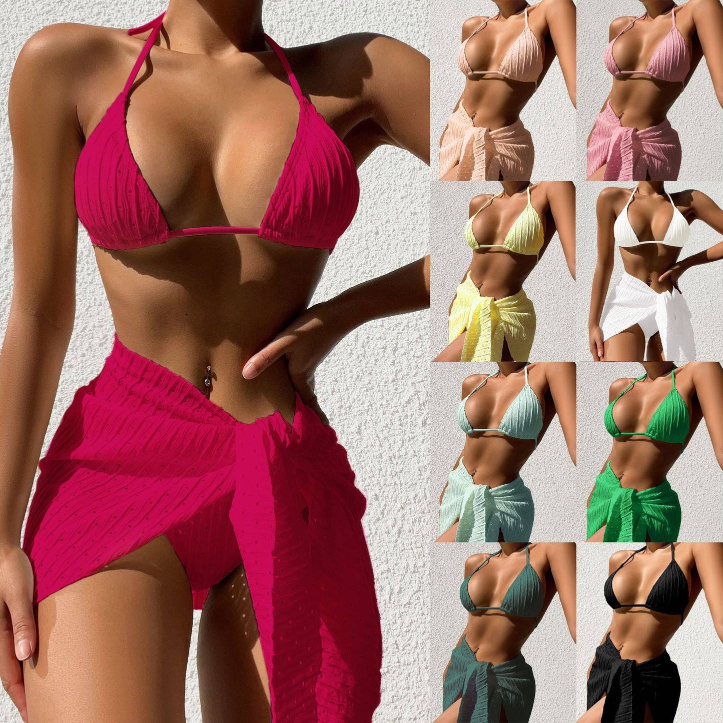 3pcs Halterneck Swimsuit Set Beach Solid Color Sexy Backless Bikini With Mesh Skirt Summer Womens Clothing - Clothing Personality