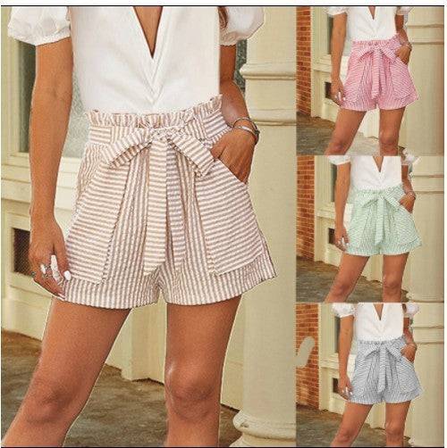Women's Belted Loose Fit Striped Casual Shorts For Women - Clothing Personality