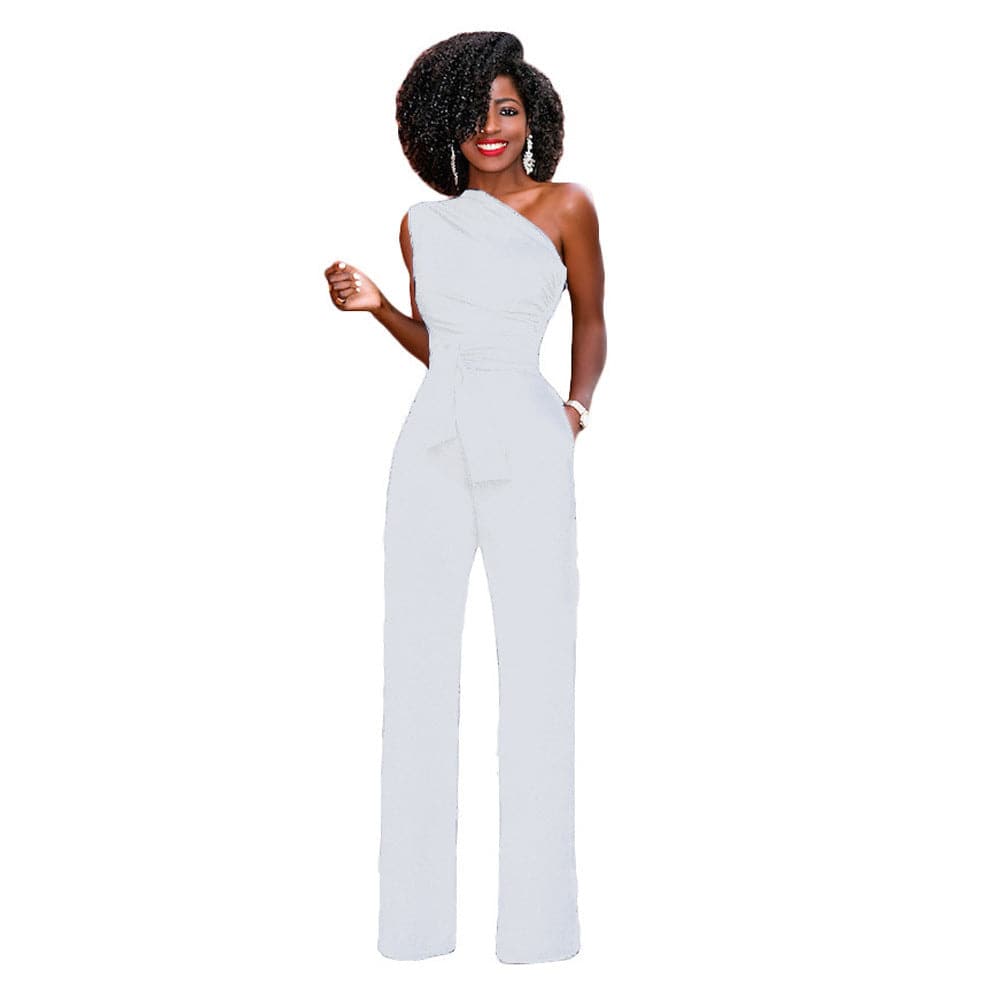 Women's Cute One-Shoulder Solid Color Slant Collar Button Up Jumpsuit White Clothing Personality
