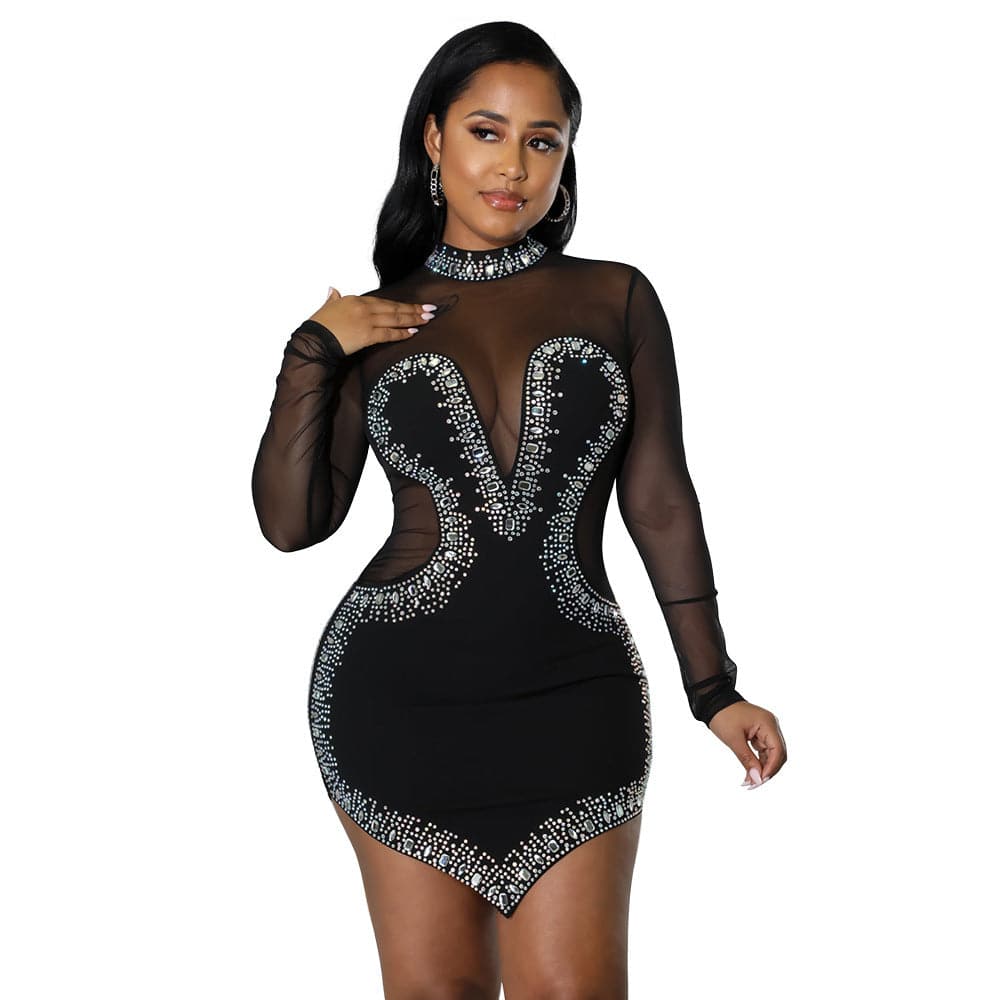 Women's Sheer Sweetheat Neckline Fitted Bodycon Mini Long Sleeve Asymmetric Dress - Clothing Personality