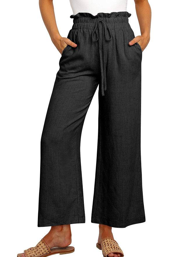 Elastic Waistband Lace-up Wide Leg Pants Solid Color Cropped Pants - Clothing Personality