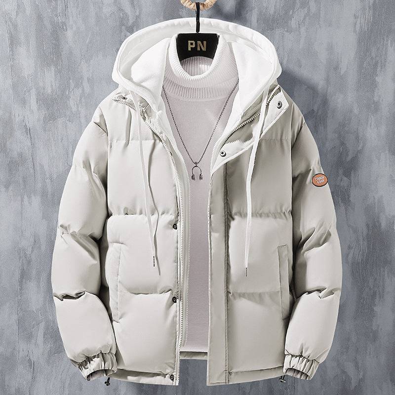 Fashion Hooded Jacket Men Winter Windproof Thickened Fake Two-piece Coat Solid Leisure Sports Cotton Jacket - Clothing Personality