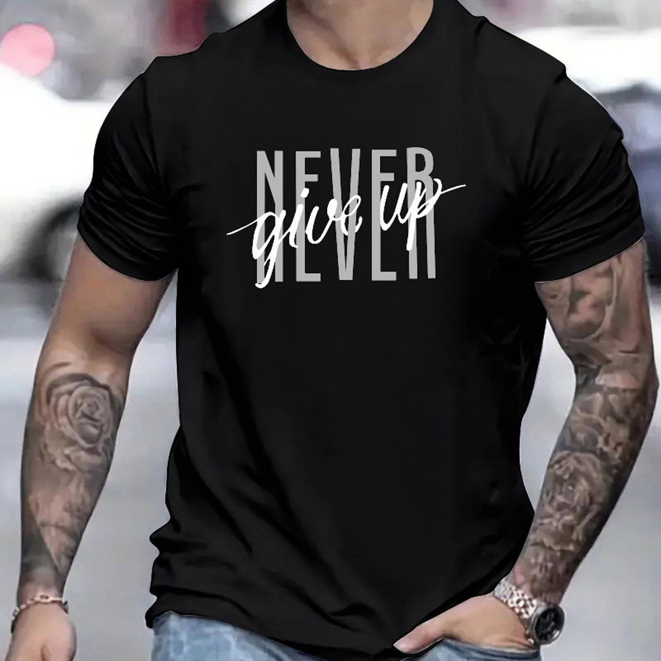 Never Give Up Printed T-shirts, Men's T-shirts, Summer Casual Short Sleeved T-shirts - Clothing Personality