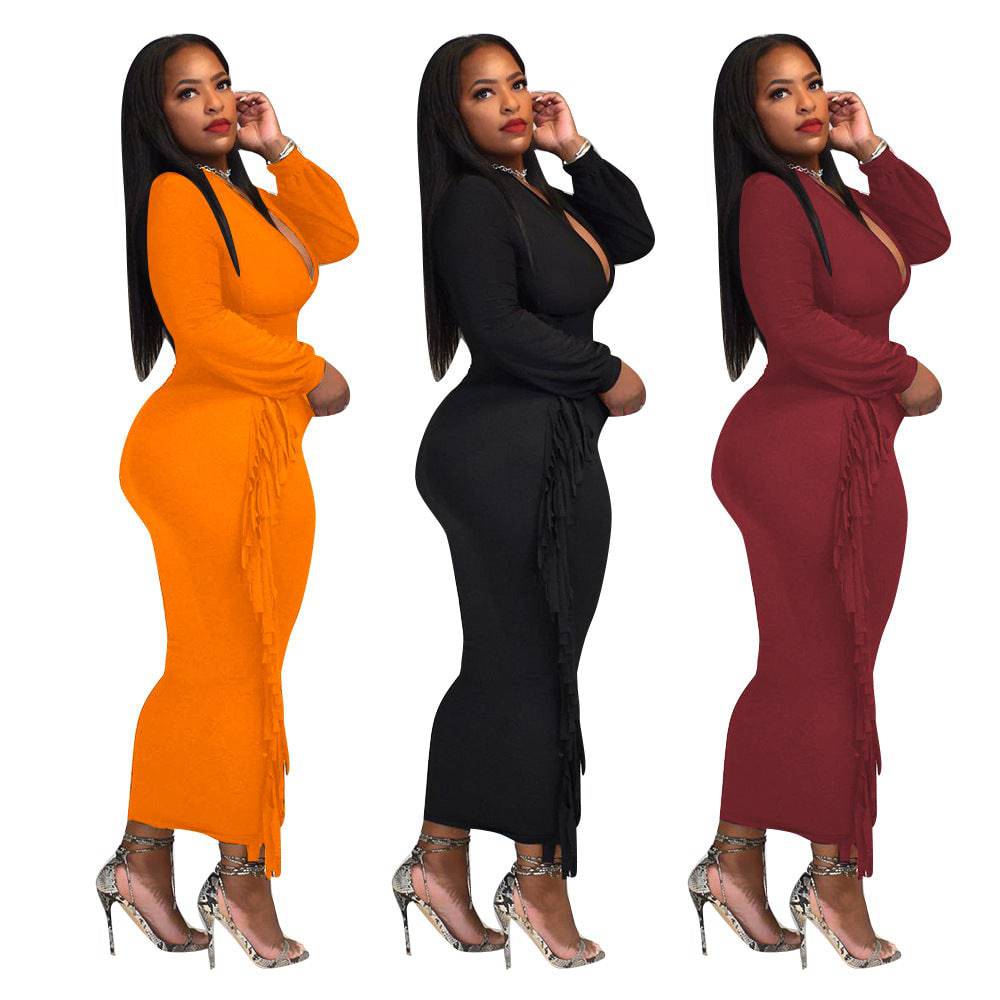 Plus Size Sexy Deep V Fringed Dress - Clothing Personality