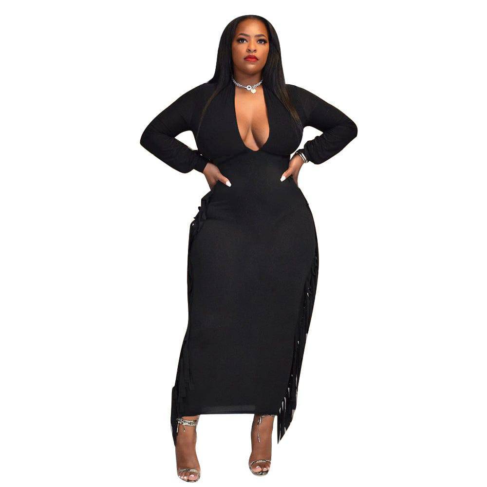 Plus Size Sexy Deep V Fringed Dress - Clothing Personality