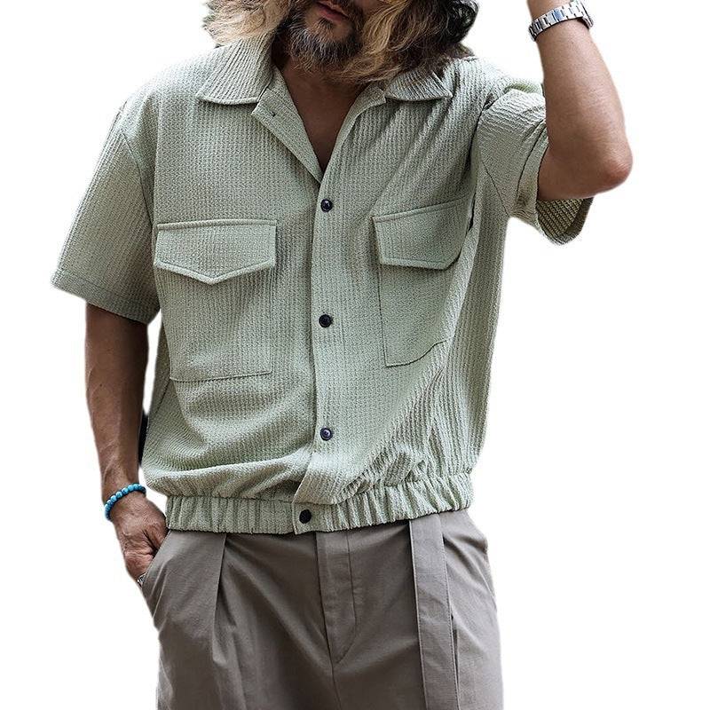 Men's Cropped Front Pocket Button Up Casual Tunic Textured Shirt Spring - Clothing Personality