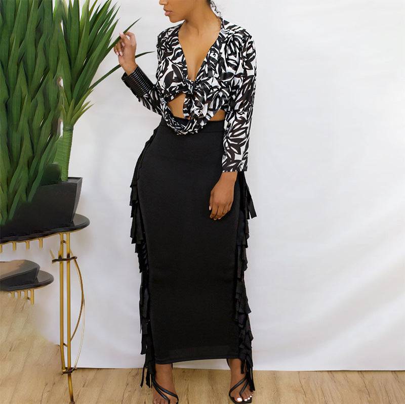 Casual High Waist Pleated Mid-length Fringed Skirt - Clothing Personality