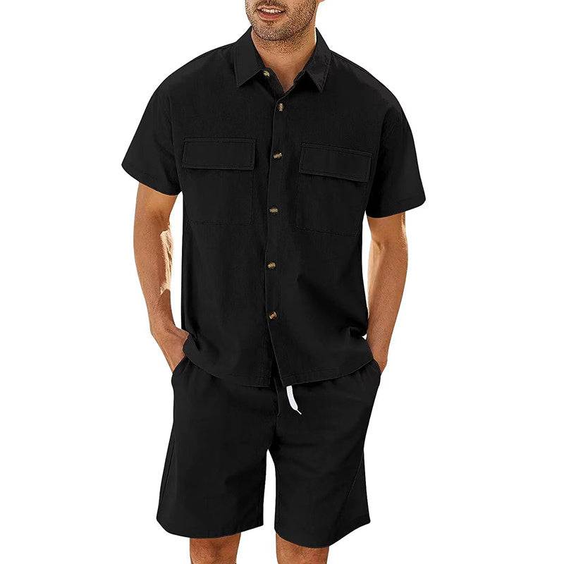 Summer Suits Men Short Sleeve Lapel Pockets Shirt And Drawstring Shorts Sports Fashion Leisure Men's Clothing - Clothing Personality