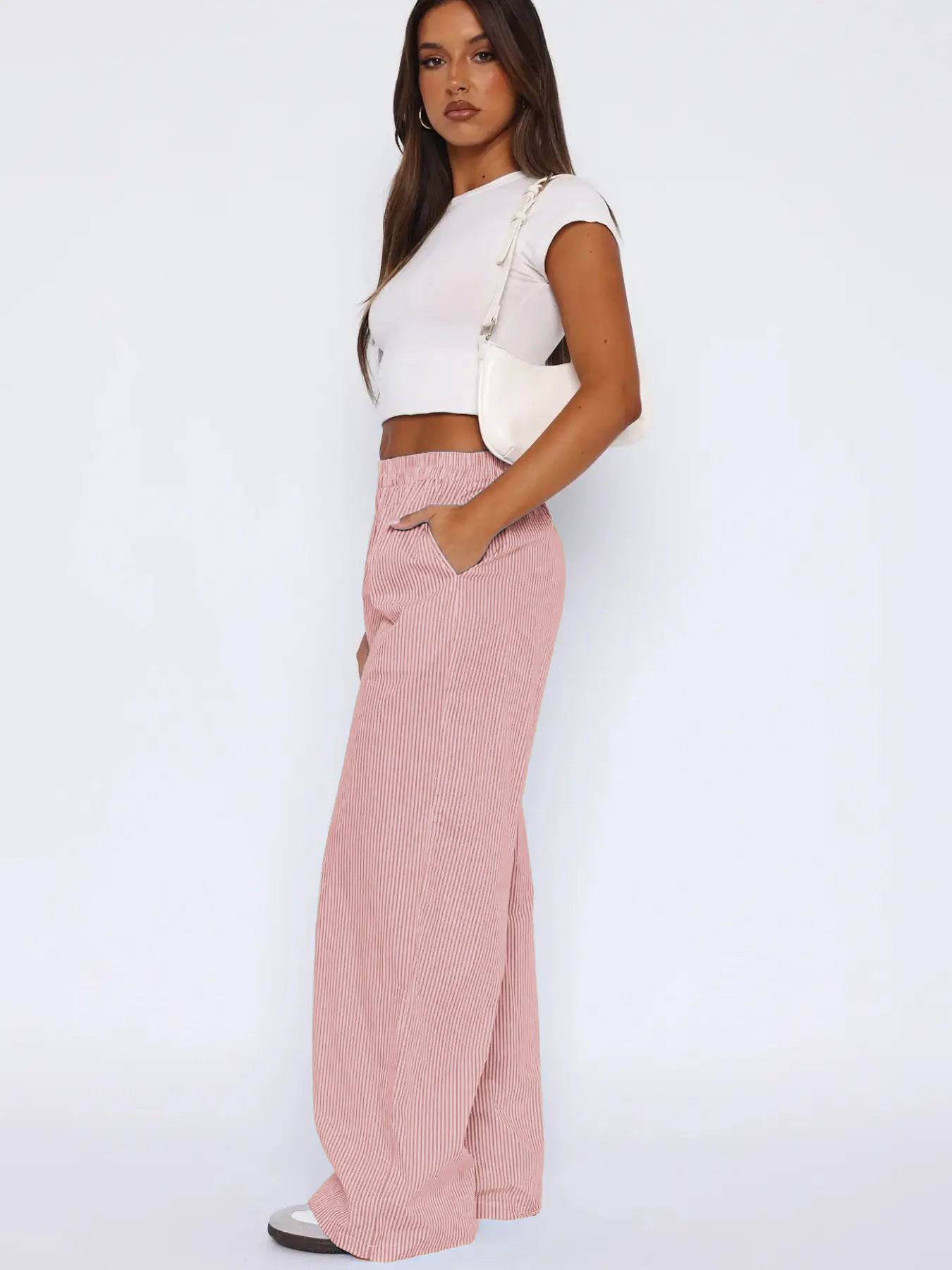 Women's Fashion Casual Striped Pants Trousers Striped Printed Wide Leg Trousers - Clothing Personality