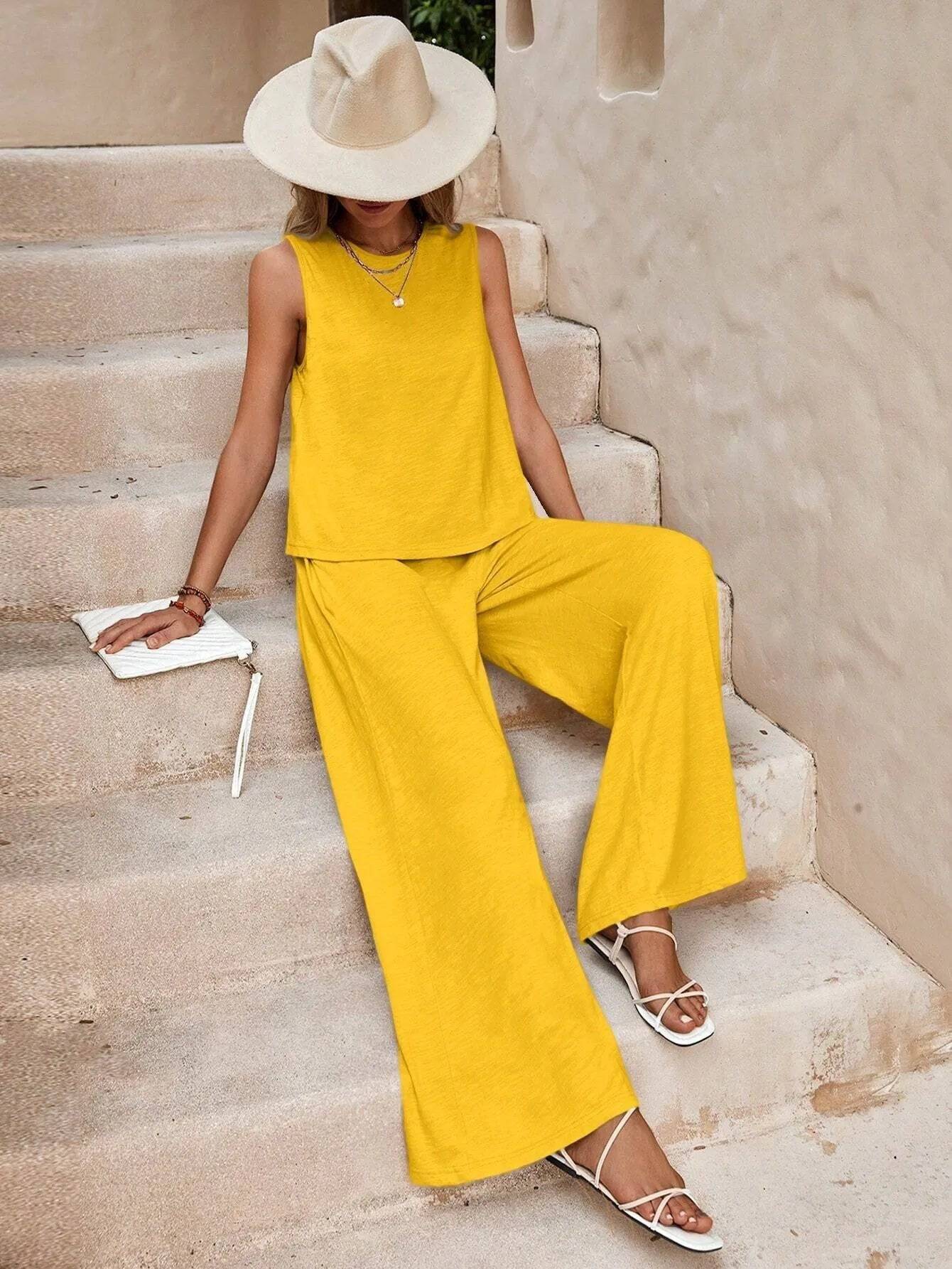 Sleeveless Solid Color Casual Loose Fit Pants Sets For Women Elegant Spring Summer Women's Two Pieces Suit Full Trouser Set Female Outfit Clothes - Clothing Personality