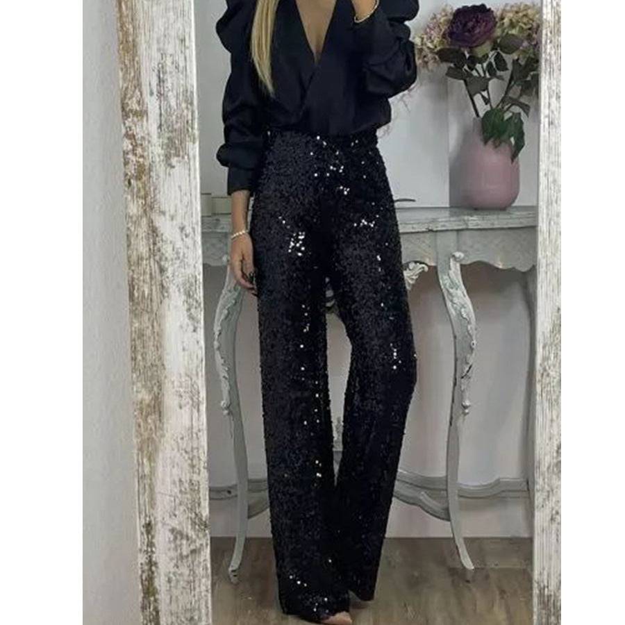 Women's Sequin Pants Party Night Out Casual Slim Fit Stretch Multi-Color Bell-bottom Pants - Clothing Personality