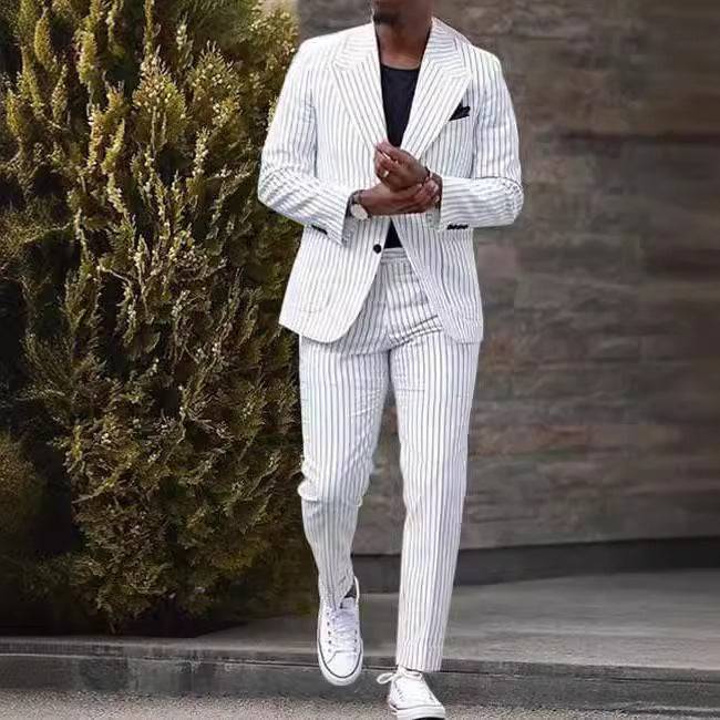 Men's Lightweight Luxury Linen Seersucker Blazer and Pants Set Slim Fit Straight Leg Business Casual Trousers Striped Suit