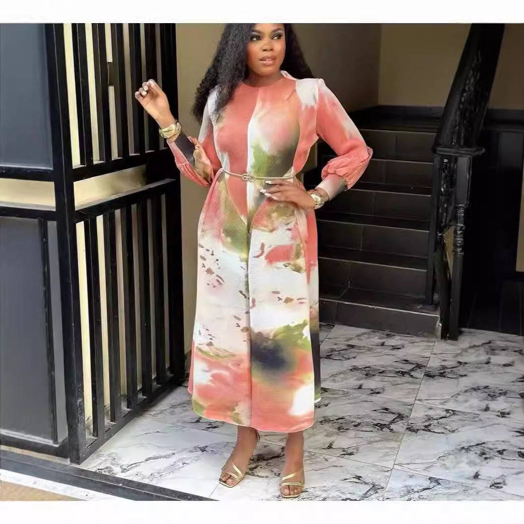 Elegant Design Printed Long Sleeve Cinched Plus Size Dress - Clothing Personality