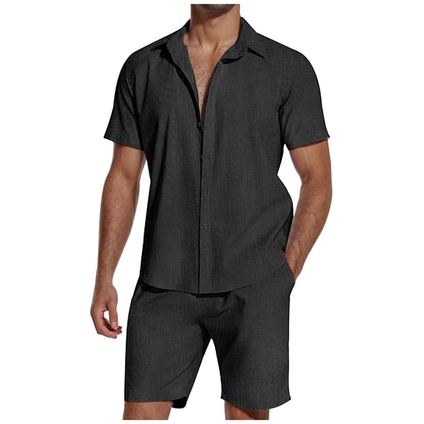 Short Sleeve Lapel Linen Shirt and Shorts Set Men - Clothing Personality