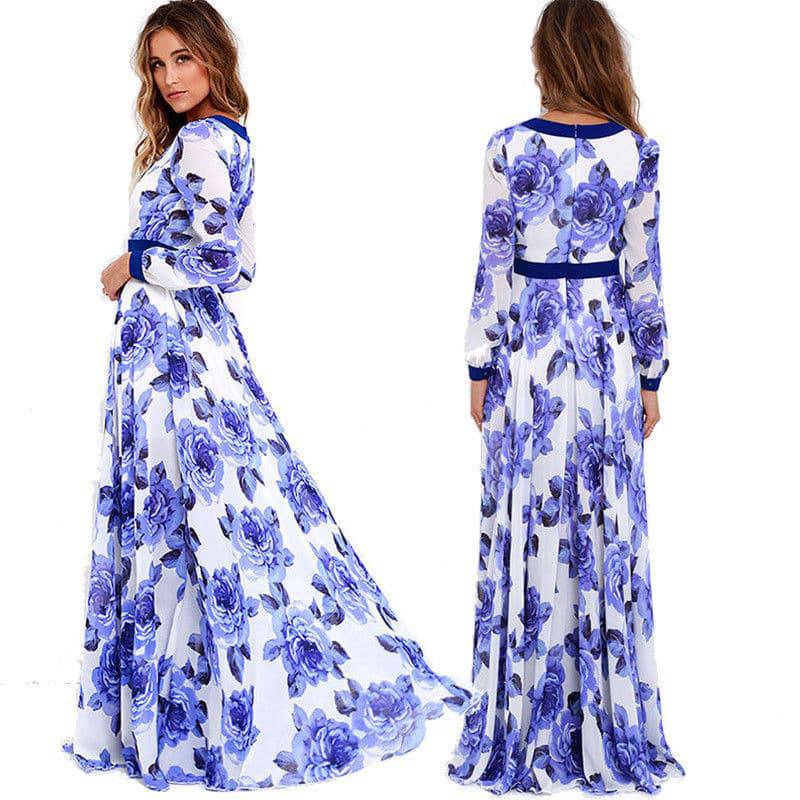 Women's Long Sleeve Maxi A-line Flower Dress - Clothing Personality