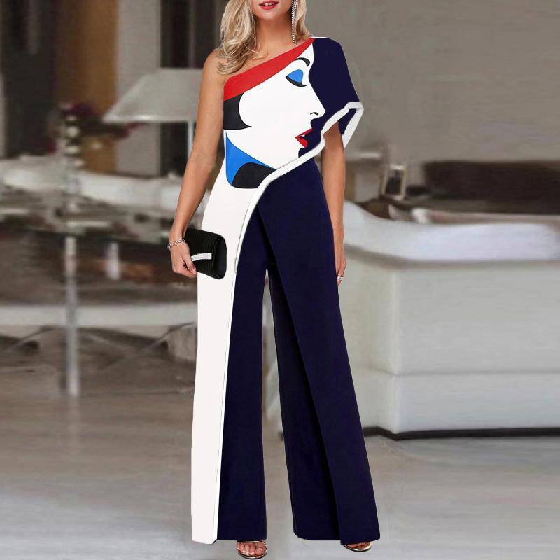 Women's Off Shoulder Printed One-Shoulder Short Sleeve Casual Wide Leg Pants - Clothing Personality