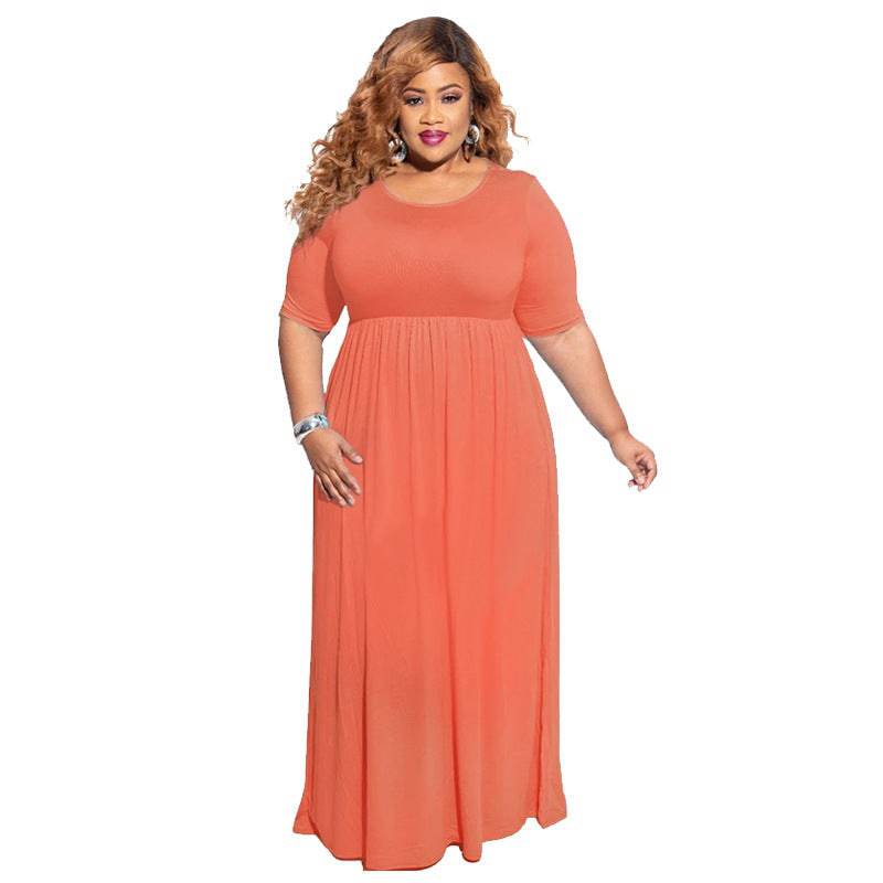 Net color pleated big swing short sleeve long large size dress - Clothing Personality