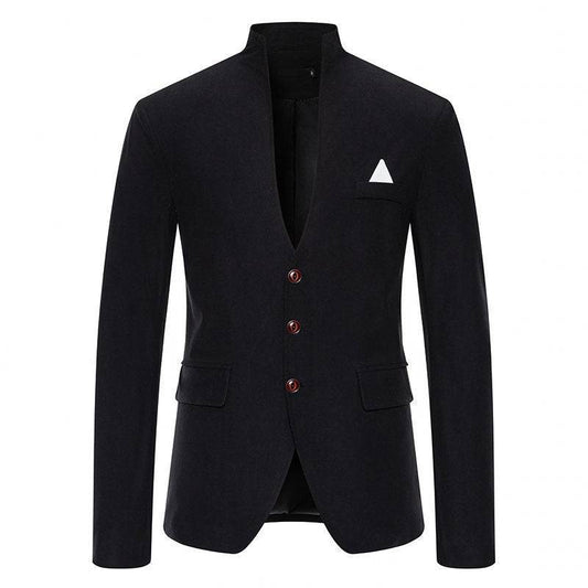 Men's Black Blazer Solid Color Stitching Stand-Collar Casual Slim Fit Black Suit Jacket